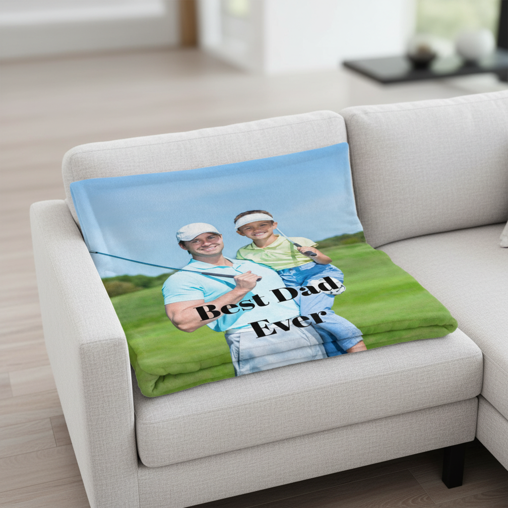 Personalized photo blanket with "Best Dad Ever" text displayed on cream sofa, showing sample of father and child on golf course.