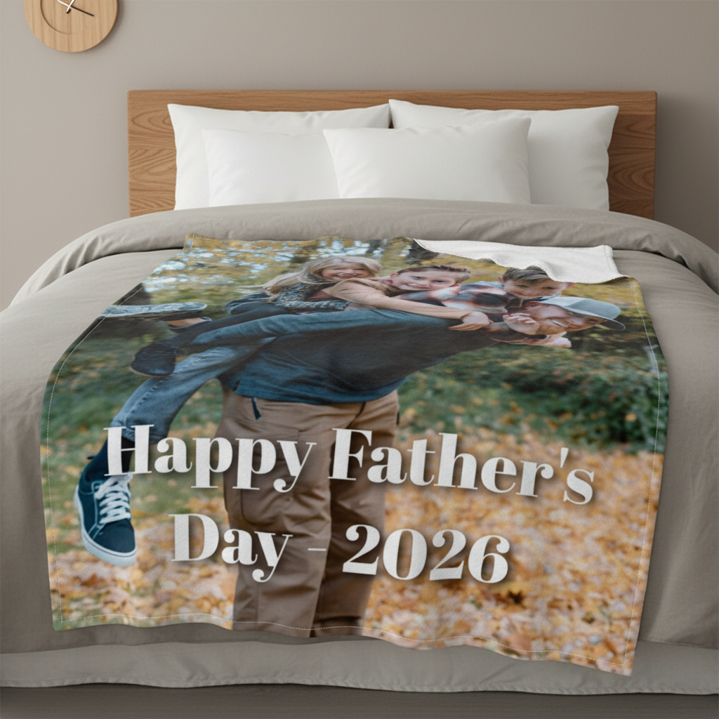 Fleece blanket with custom photo of father holding children and text reading Happy Father's Day 2026