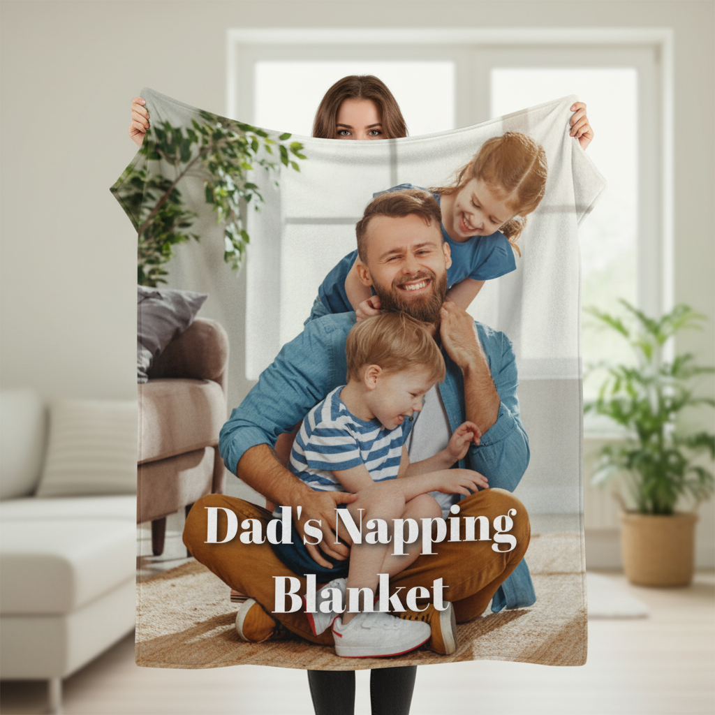 Personalized fleece blanket featuring a photo of a father with two young children, printed with "Dad's Napping Blanket" text overlay.