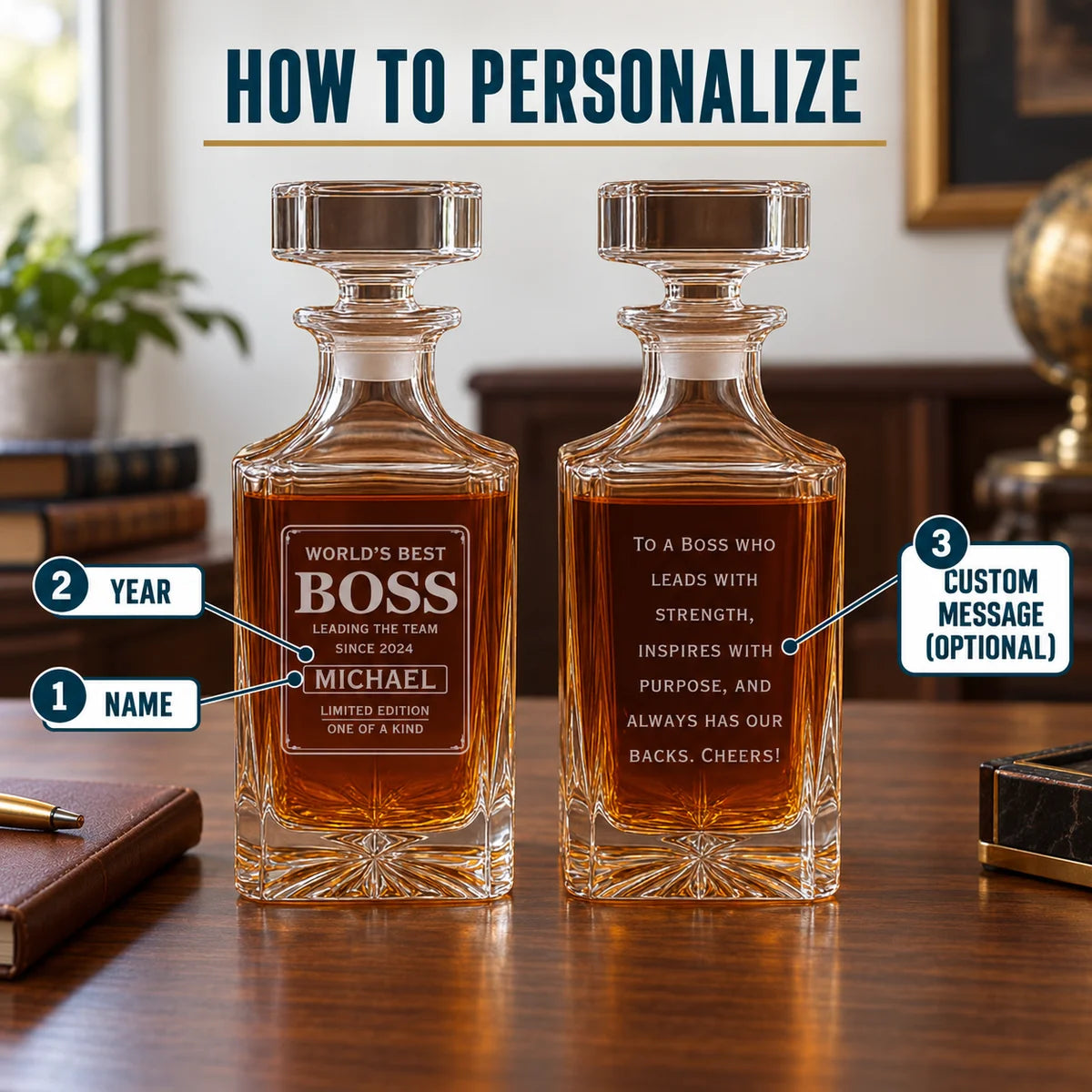 Two square-bottomed crystal decanters filled with amber liquid, showing personalization options: name engraving, year, and custom message displayed on the glass surfaces