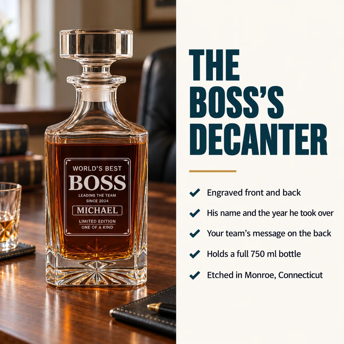Crystal whiskey decanter with engraved sample reading "World's Best Boss," "Michael," and "Limited Edition" with star pattern base.