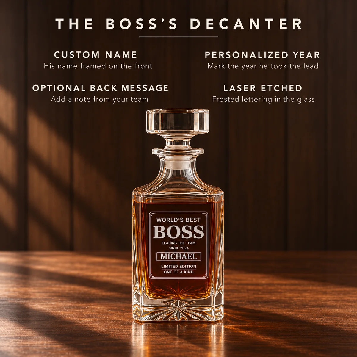 Crystal whiskey decanter with stopper, sample engraved label showing "World's Best Boss," custom name "Michael," year, and frosted lettering details