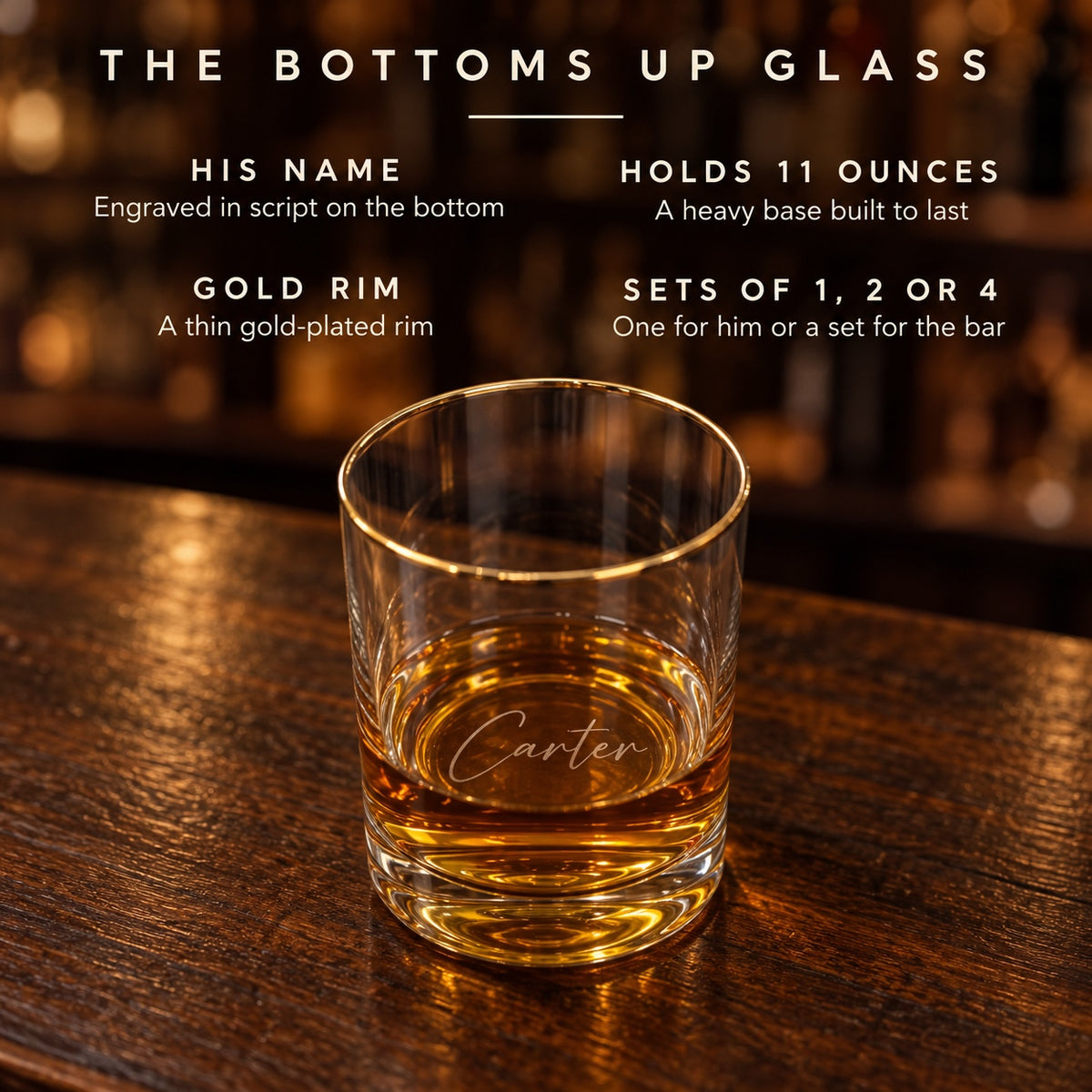 Details card for an engraved whiskey glass gift: his name in script on the bottom, holds 11 ounces, a gold-plated rim and sets of 1, 2 or 4 glasses