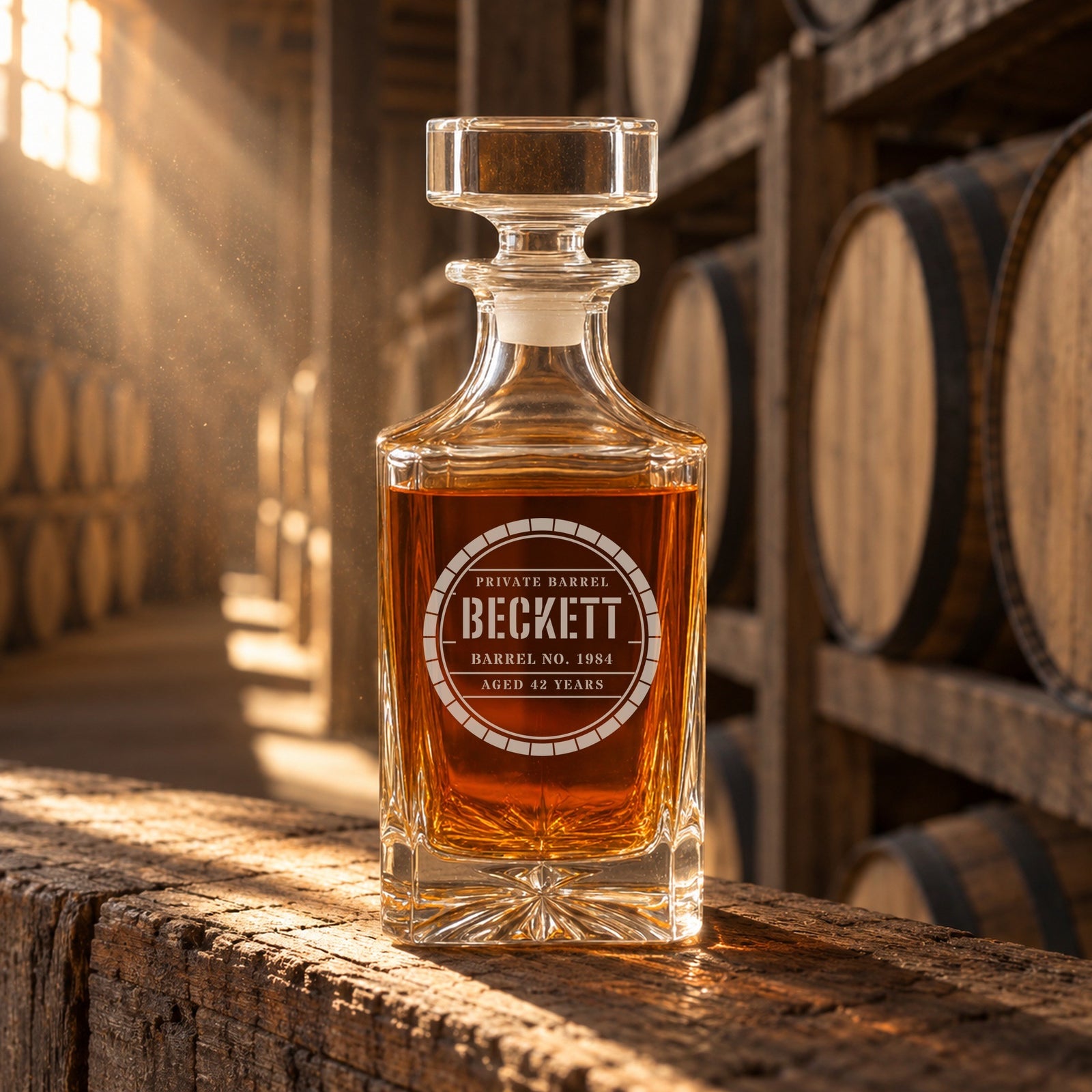 Engraved bourbon barrel head decanter reading Private Barrel, Beckett, Barrel No. 1984, Aged 42 Years, on a rick rail in a bourbon rickhouse