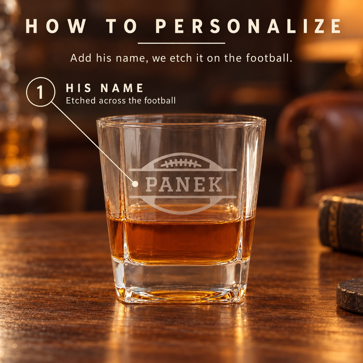 How to personalize the Bourbon Blitz whiskey glass: add his name and we etch it across the football on the front of the glass
