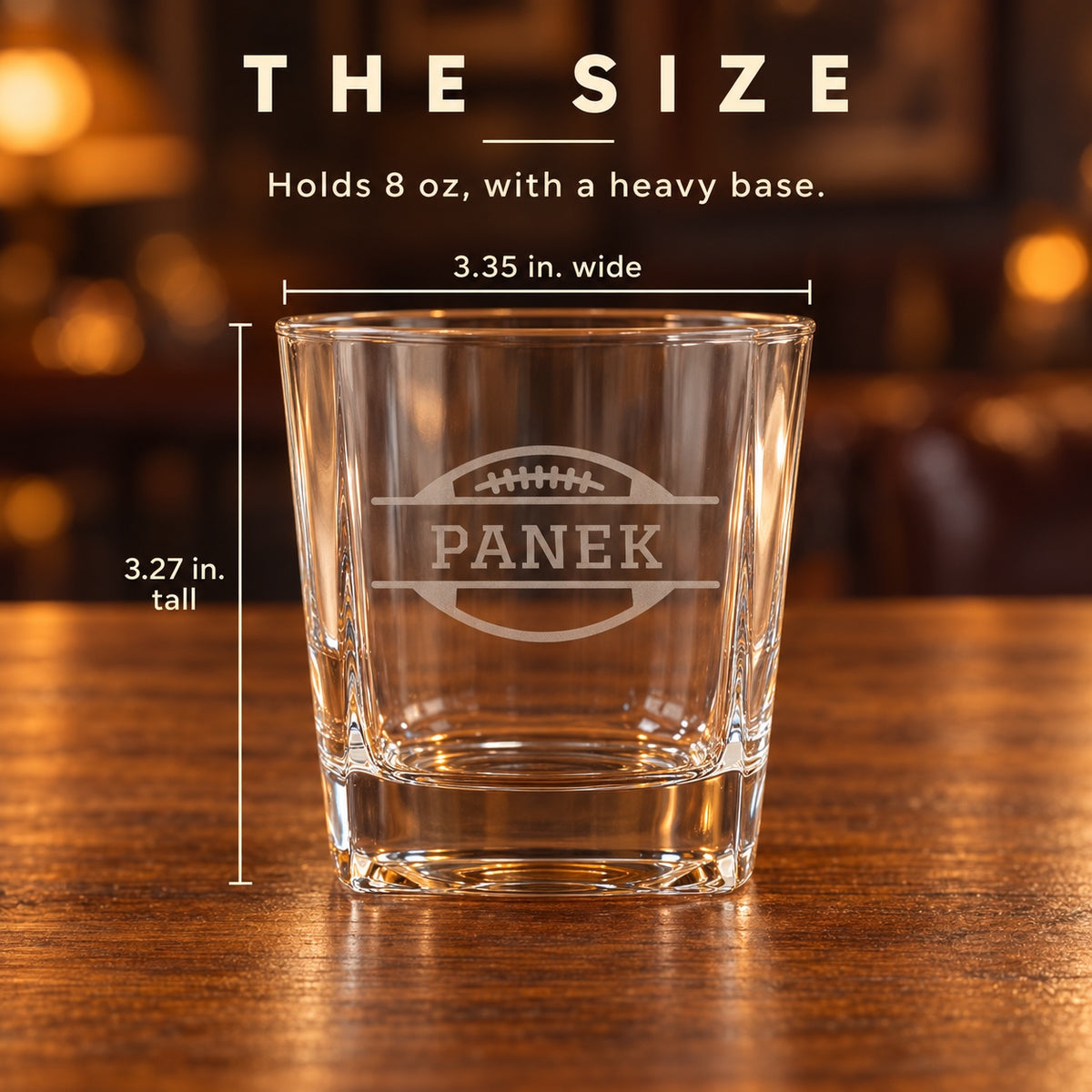 Size of the Bourbon Blitz square bourbon glass: 3.27 inches tall and 3.35 inches wide, holds 8 oz with a heavy base