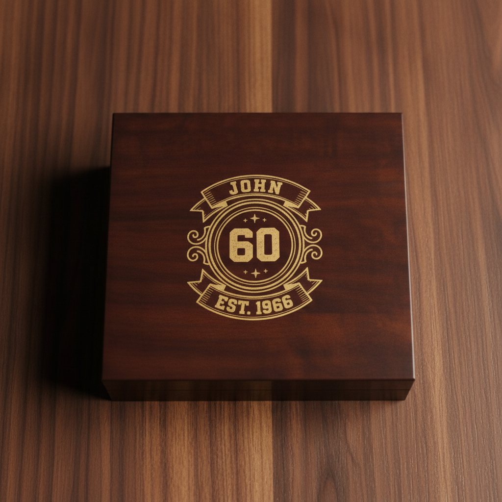 Top-down view of a personalized 60th birthday keepsake box in cherry wood with a gold crest engraving showing the name, 60, and Est 1966 clearly on the lid