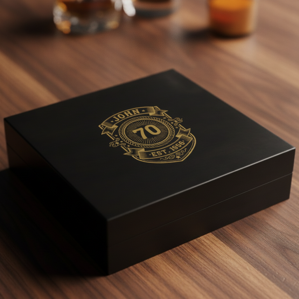 Personalized 70th birthday keepsake box in black wood with a gold crest engraving of the name, 70, and Est 1956 on the lid