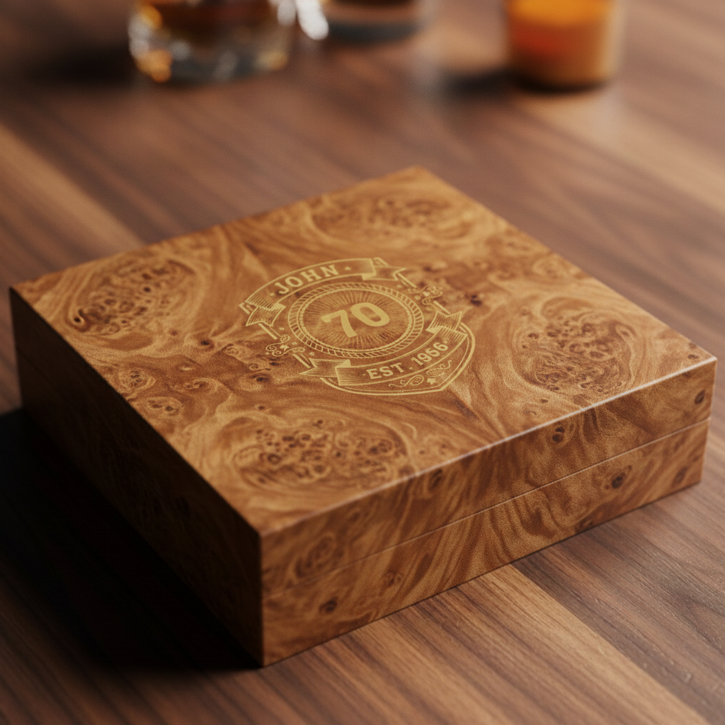 Personalized 70th birthday keepsake box in burl wood with a gold crest engraving of the name, 70, and Est 1956 on the lid