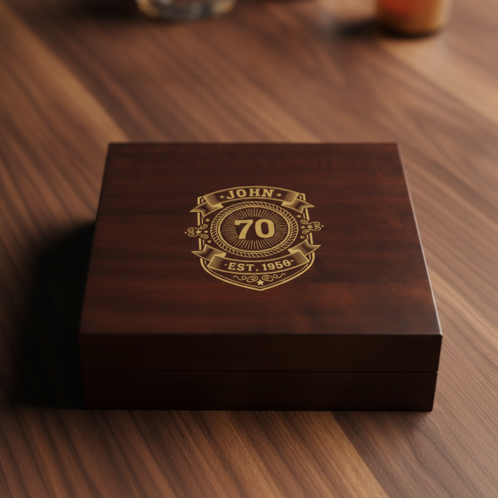 Top-down view of a personalized 70th birthday keepsake box in cherry wood with a gold crest showing the name, 70, and Est 1956 clearly on the lid