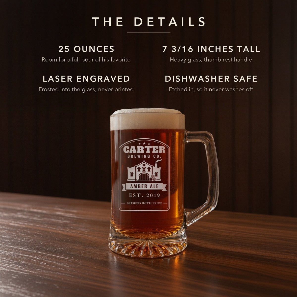 Details card for the Brewing Co. beer stein: 25 ounces, 7 3/16 inches tall, laser engraved and dishwasher safe, shown engraved CARTER BREWING CO. and AMBER ALE