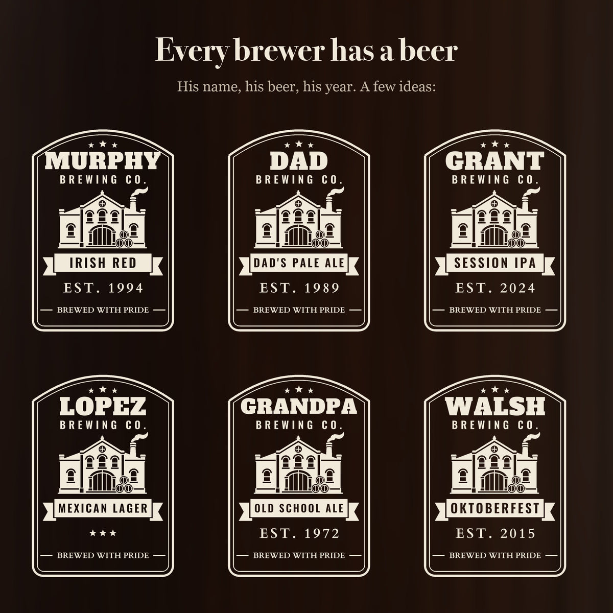 Six ways to engrave the Brewing Co. beer stein for a beer lover, including DAD with DAD'S PALE ALE and GRANDPA with OLD SCHOOL ALE and EST. 1972