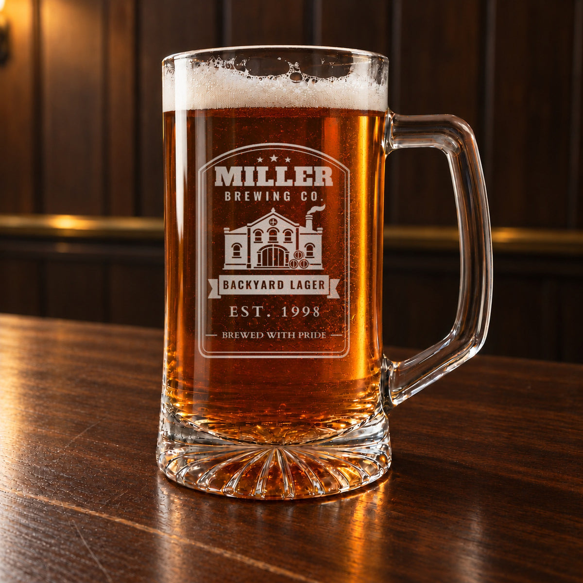 Gift for beer lovers: a personalized 25 oz glass beer stein engraved like a vintage brewery label reading MILLER BREWING CO., BACKYARD LAGER and EST. 1998