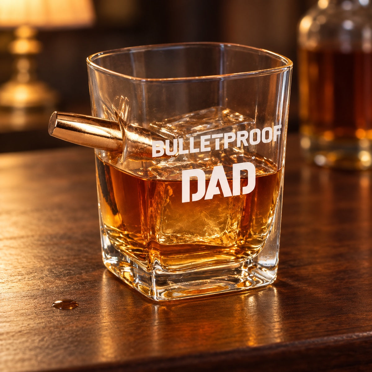 Bulletproof Dad whiskey glass with a faux .50 caliber bullet built into the side, filled with bourbon over ice on a walnut home bar