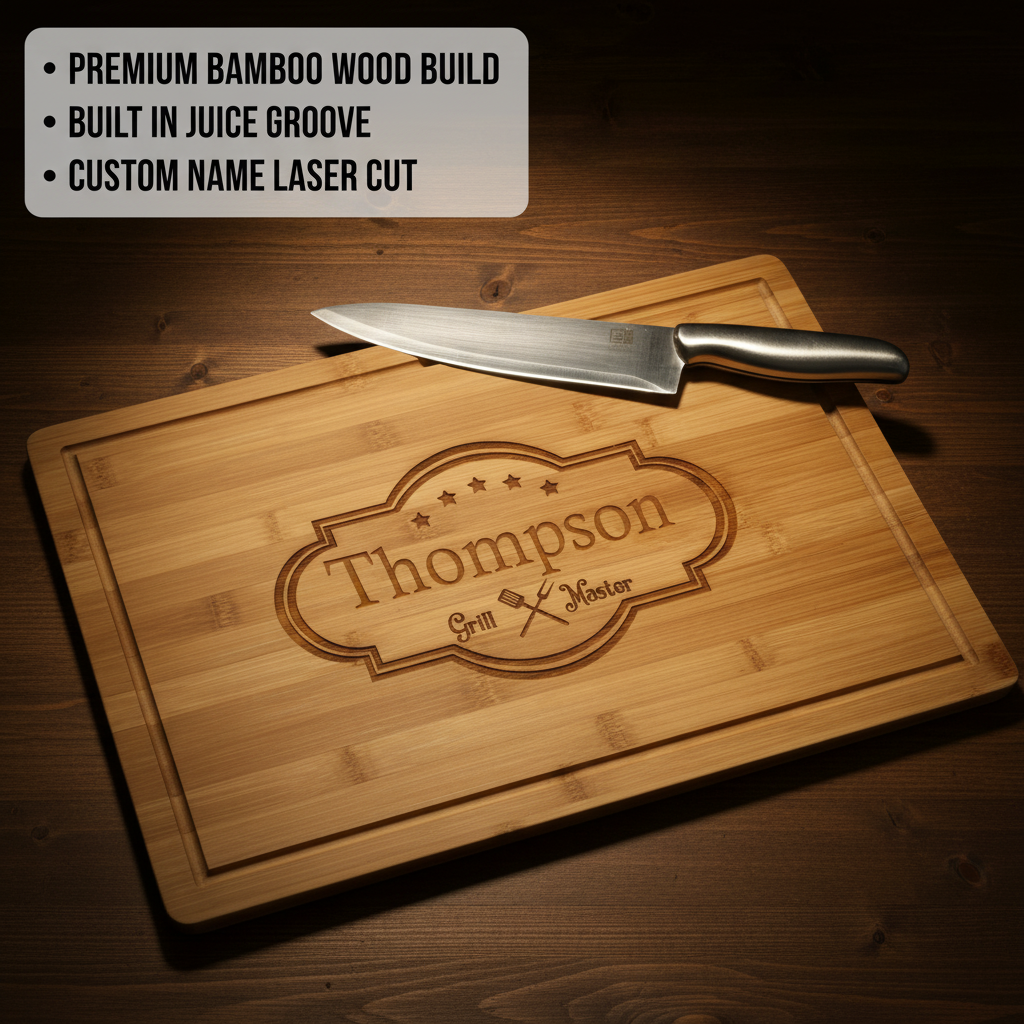 Bamboo cutting board with sample personalization laser-engraved with "Thompson" name, "Grill Master" text, and decorative star and utensil motifs, shown with chef's knife