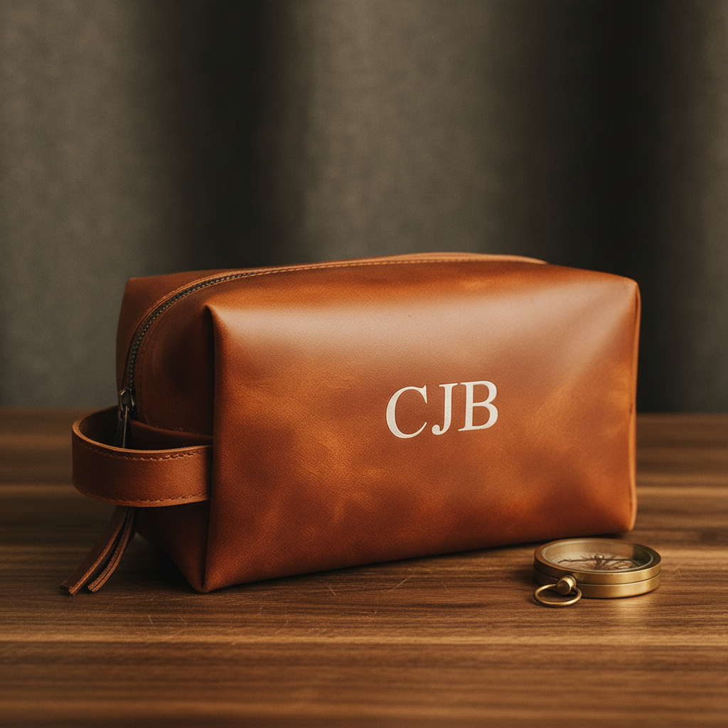 Cognac leather Dopp kit with sample monogram "CJB" embroidered in white, displayed with brass compass on wooden surface