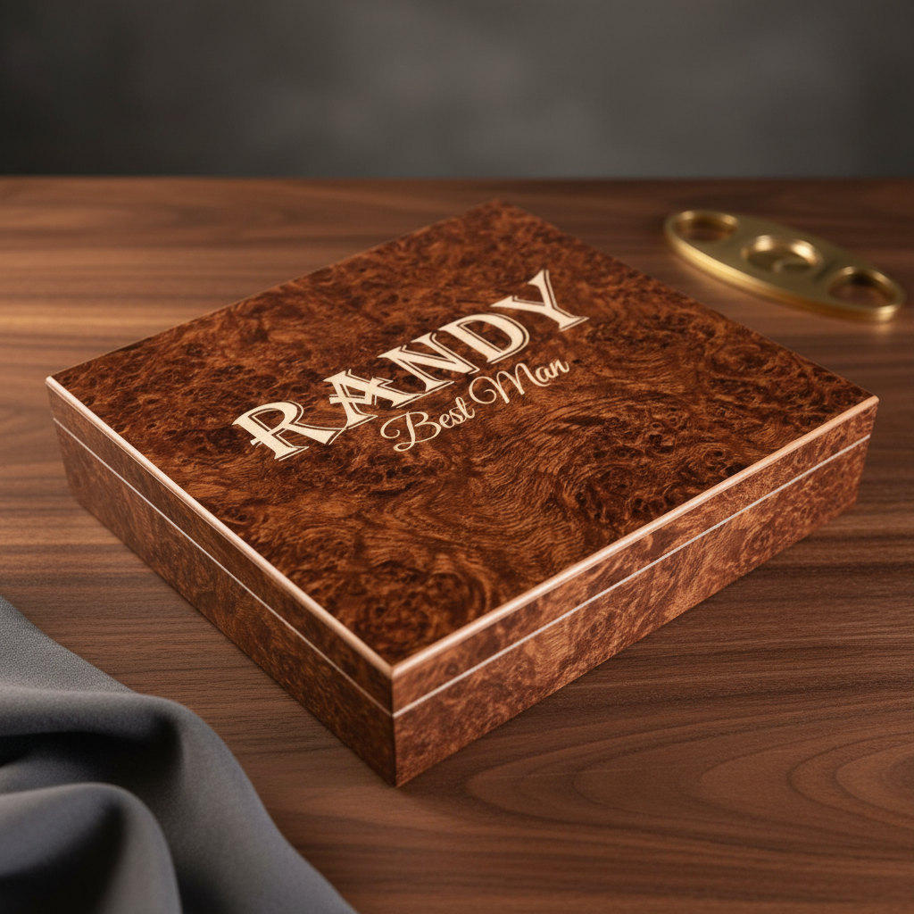 Burl wood humidor with laser-engraved sample text "RANDY Best Man" on lid, displayed on wooden surface with brass cigar cutter nearby