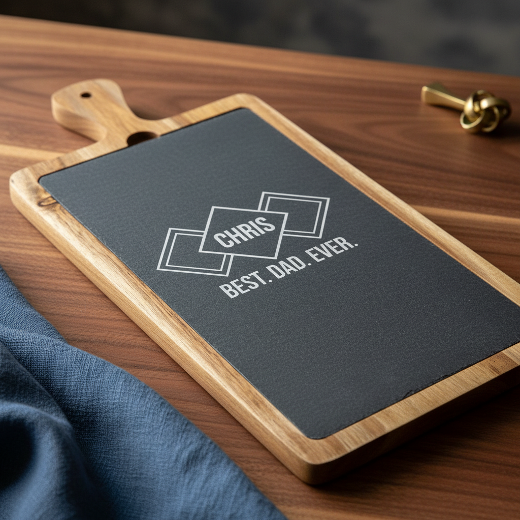 Natural wood cutting board with slate surface, laser-engraved with sample personalization reading "CHRIS" and "BEST DAD EVER" with geometric diamond motif design.