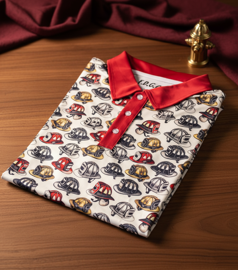 Folded firefighter-themed golf polo with all-over red, black, and gold helmet print, bright red collar, and three-button placket displayed on wooden surface