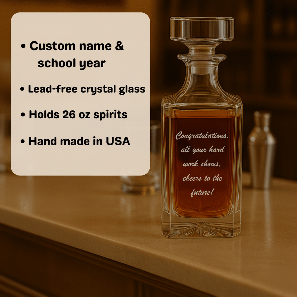 Lead-free crystal whiskey decanter with sample engraving reading "Congratulations, all your hand work shows, cheers to the future!" displayed on bar with amber liquid inside