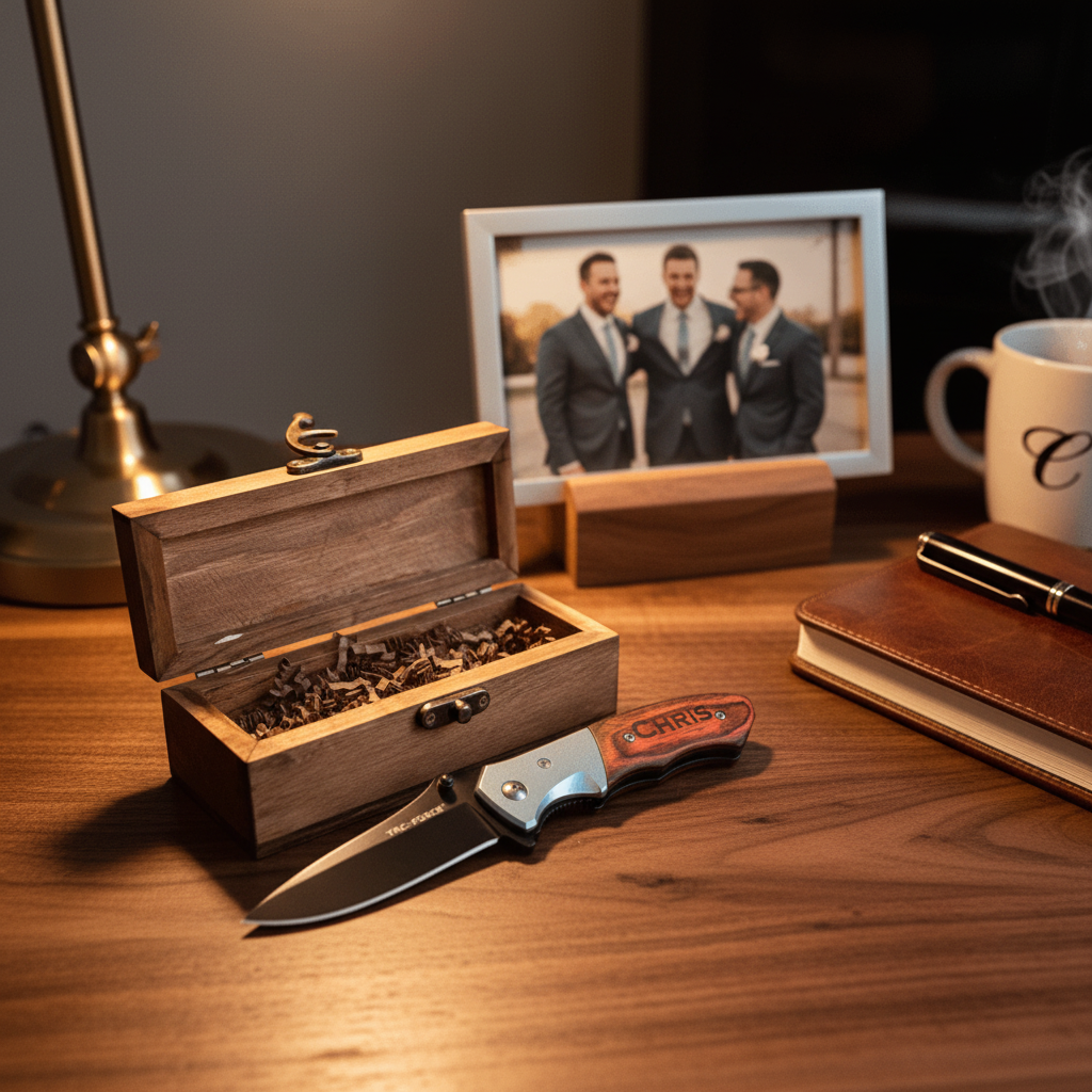 Personalized folding knife with sample engraving "CHRIS" on wooden handle, displayed open next to matching engraved wooden presentation box filled with shredded packing material on desk