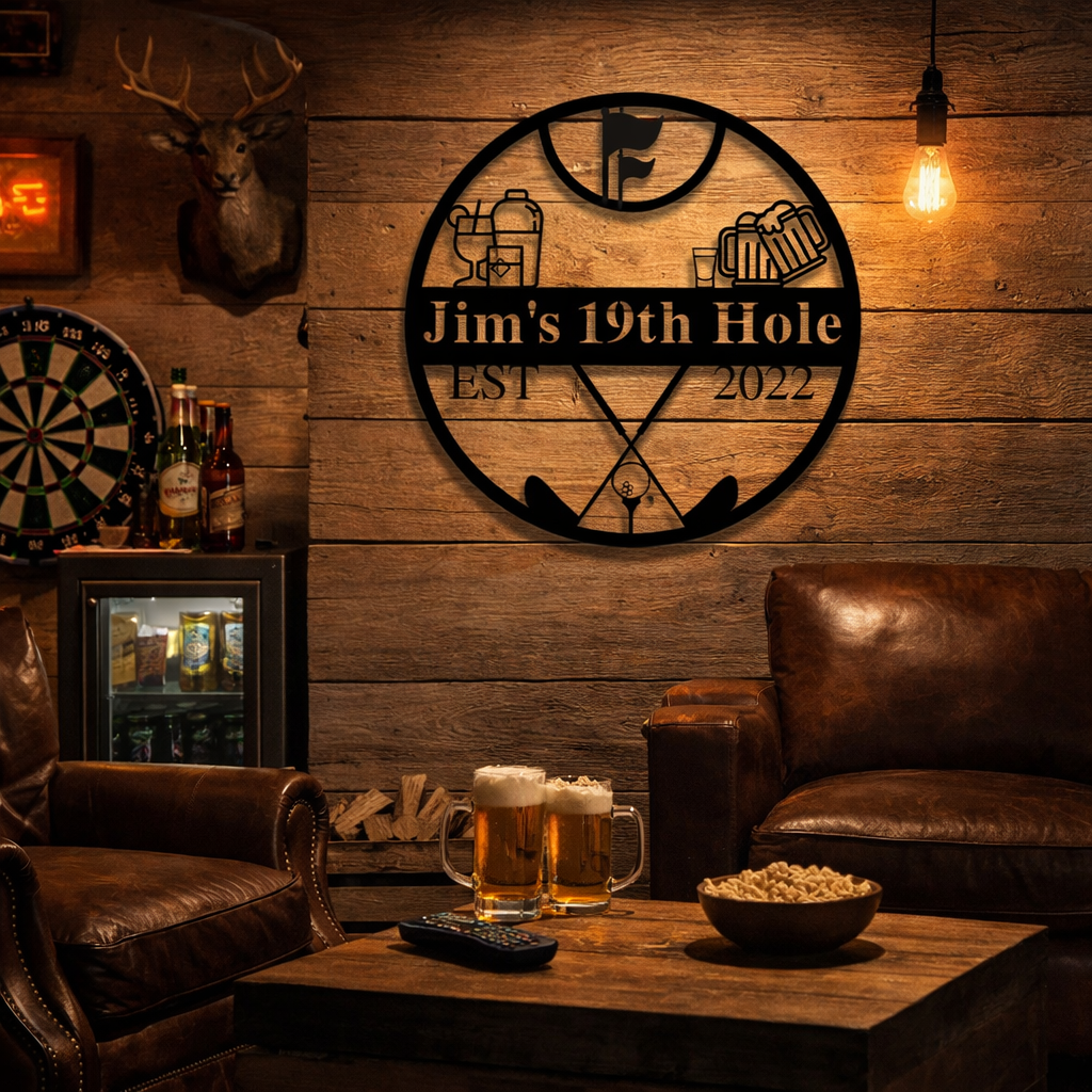Black metal golf pub sign personalized with sample text "Jim's 19th Hole EST 2022" mounted on wooden wall above leather furniture