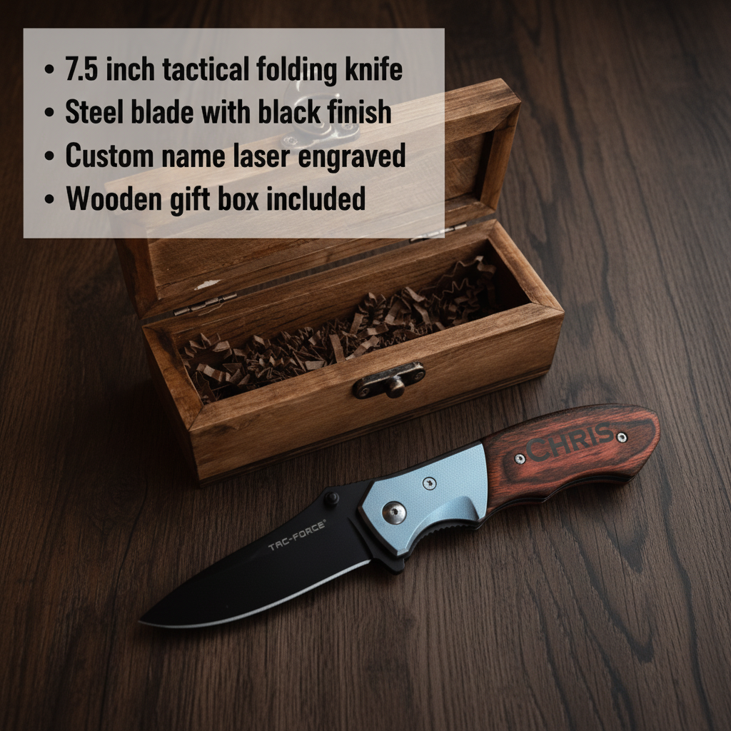 Tactical folding knife with black steel blade and wooden handle laser-engraved with sample name "CHRIS", displayed open next to wooden gift box with shredded packing material