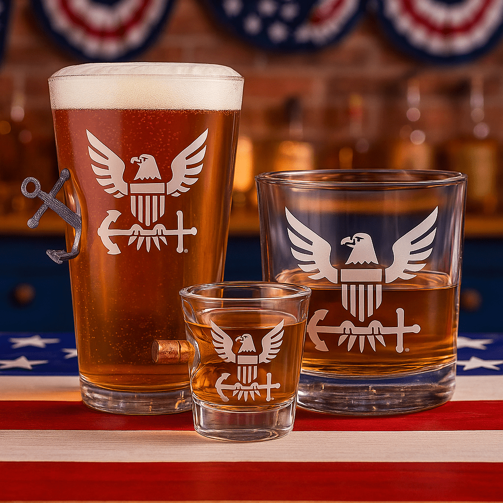 Unique Personalized US Military Bar Glasses Customized Handmade Glass Gifts for Men by Groovy Guy