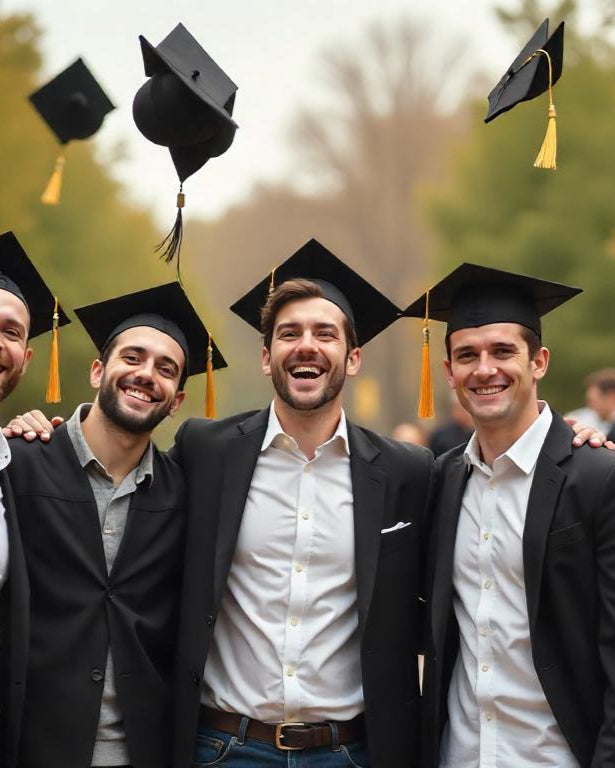Group of young men in graduation caps and gowns celebrating outdoors after graduation ceremony
