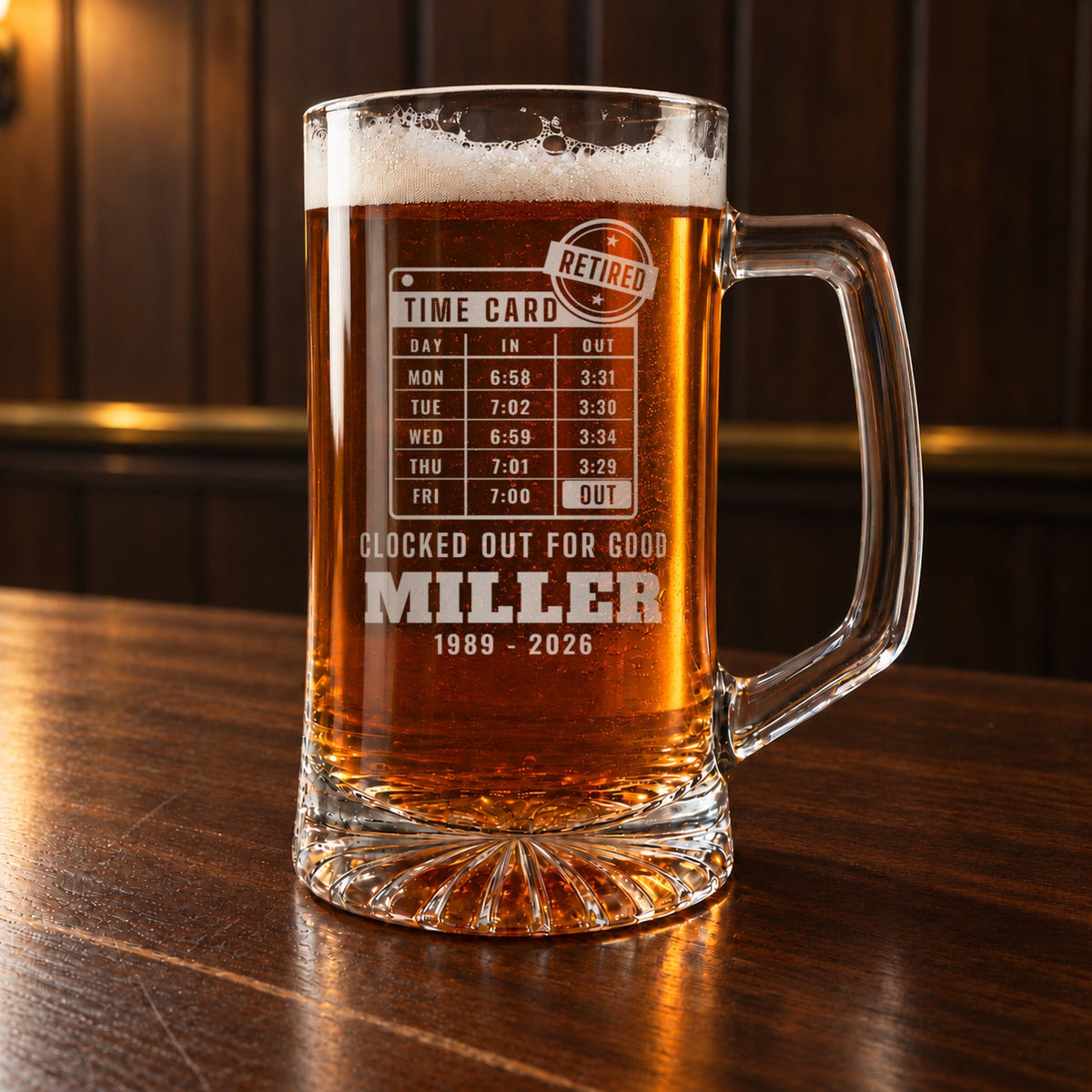 Retirement gift for men: a personalized 25 oz glass beer mug engraved with a punched time card, a RETIRED stamp, CLOCKED OUT FOR GOOD, MILLER and 1989 - 2026