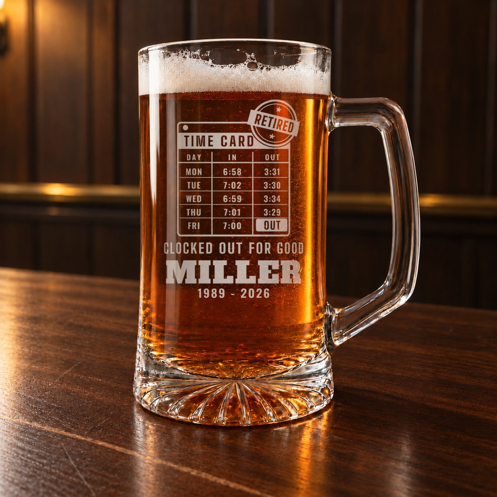 Retirement gift for men: a personalized 25 oz glass beer mug engraved with a punched time card, a RETIRED stamp, CLOCKED OUT FOR GOOD, MILLER and 1989 - 2026