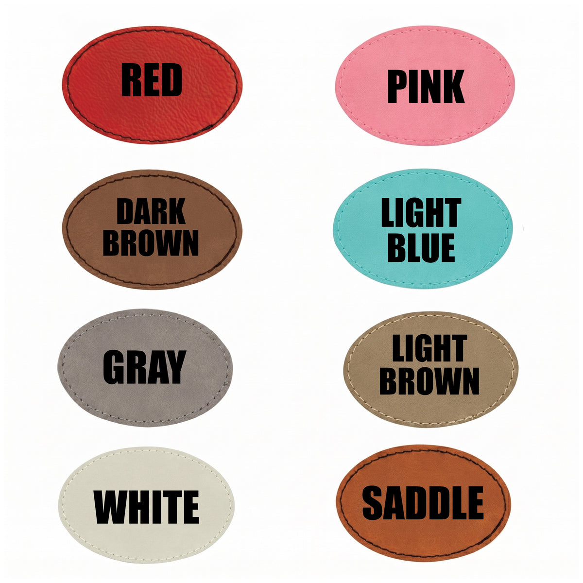 Eight oval leatherette patch color options for a custom logo cap, in red, pink, brown, blue, gray, and white.