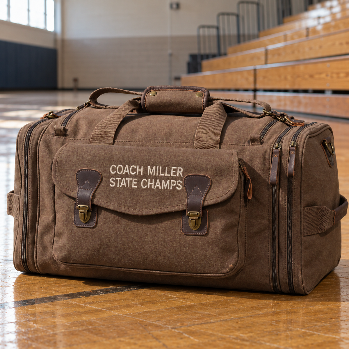 Brown canvas coach duffle bag with leather trim embroidered COACH MILLER and STATE CHAMPS in ivory thread, on a gym floor by the bleachers, a coach gift