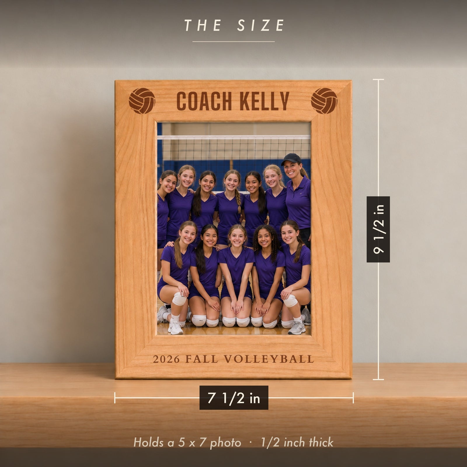 Size of the personalized coach picture frame, 7 1/2 inches wide by 9 1/2 inches tall, holds a 5 x 7 photo, engraved Coach Kelly volleyball