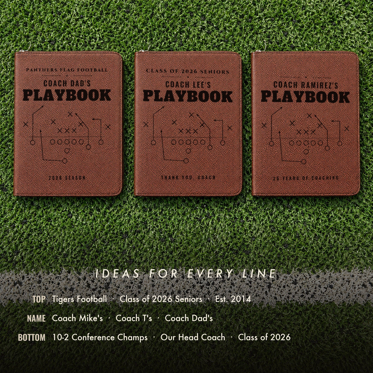 Three engraved football coach portfolios on turf for Coach Dad's, Coach Lee's and Coach Ramirez's, with ideas for the top, name and bottom lines of this coach gift