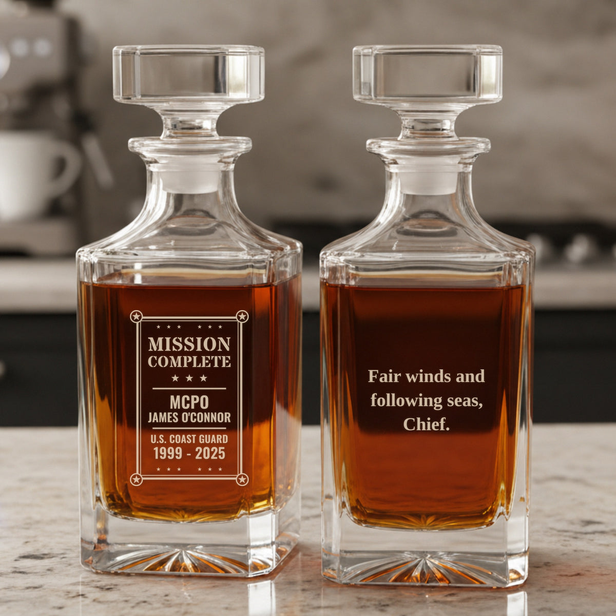 Front and back of a Coast Guard retirement decanter engraved Mission Complete, MCPO James O'Connor, with Fair winds and following seas