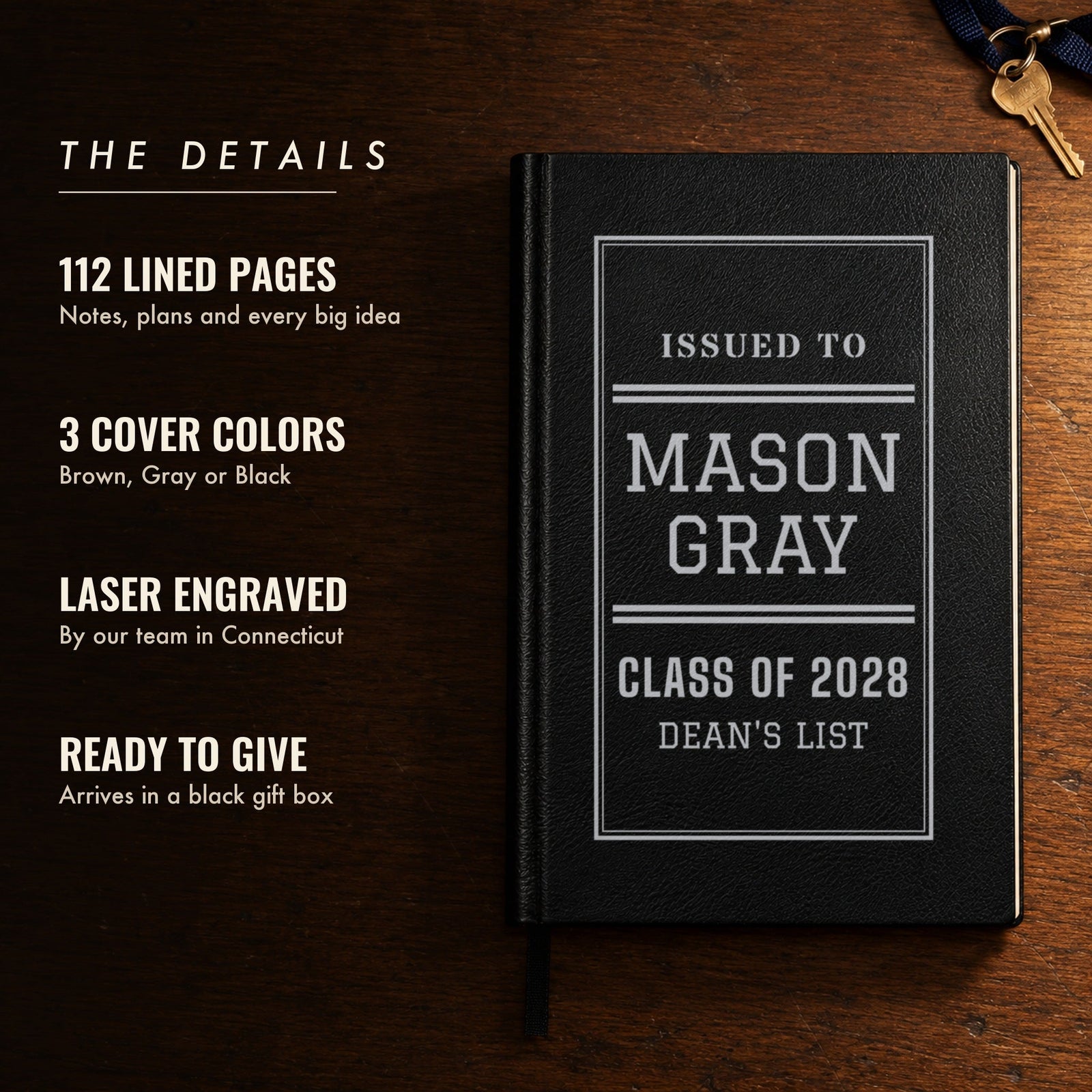 Details of the engraved college journal: 112 lined pages, 3 cover colors, engraved, gift box, shown in black as Issued To Mason Gray, Class of 2028