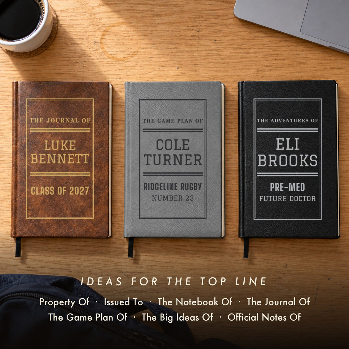 Three engraved college journals in brown, gray and black with top line ideas like The Journal Of and The Game Plan Of, high school graduation gifts for boys