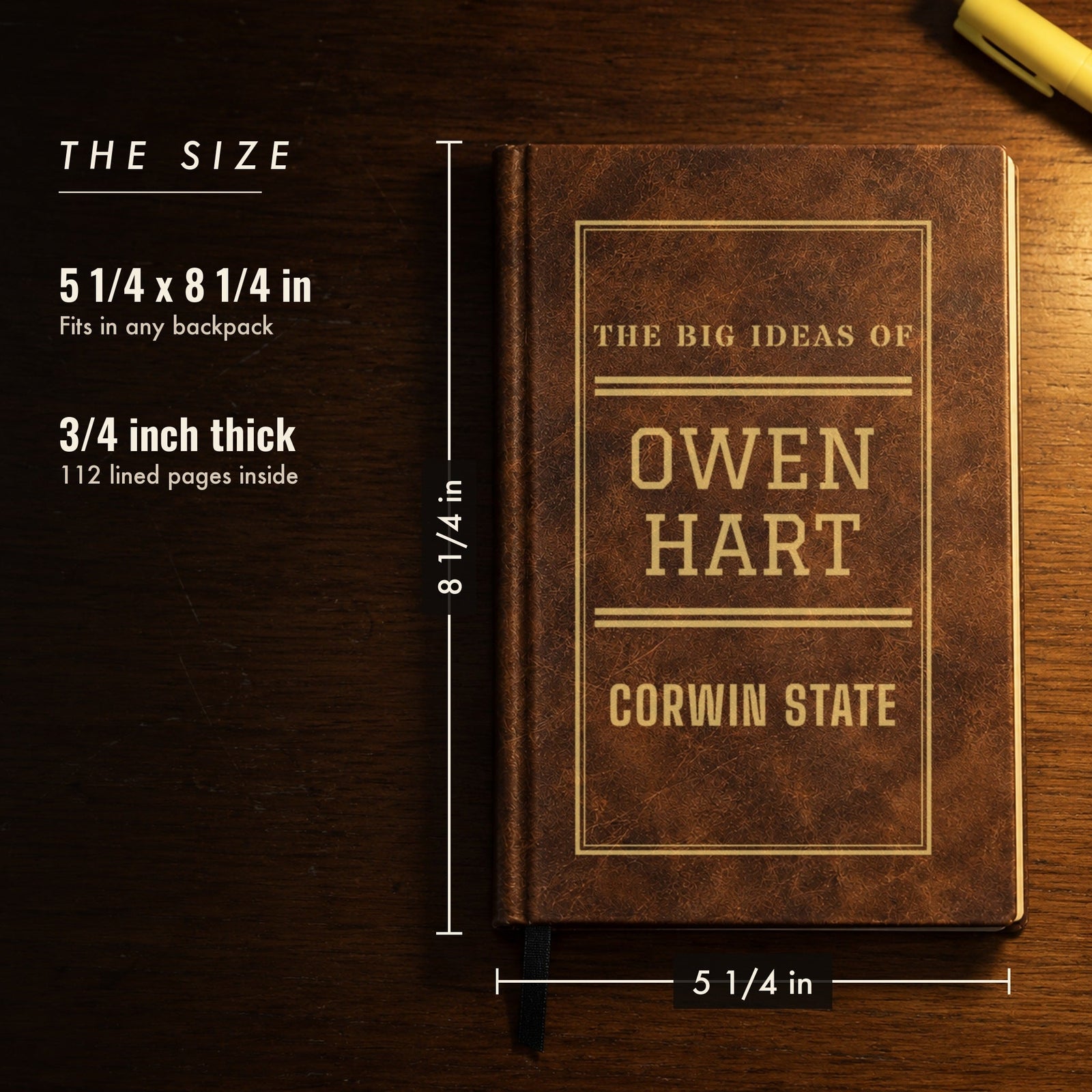 Size of the Property Of college journal, 5 1/4 by 8 1/4 inches, shown in brown as The Big Ideas Of Owen Hart, a Christmas gift for a college student