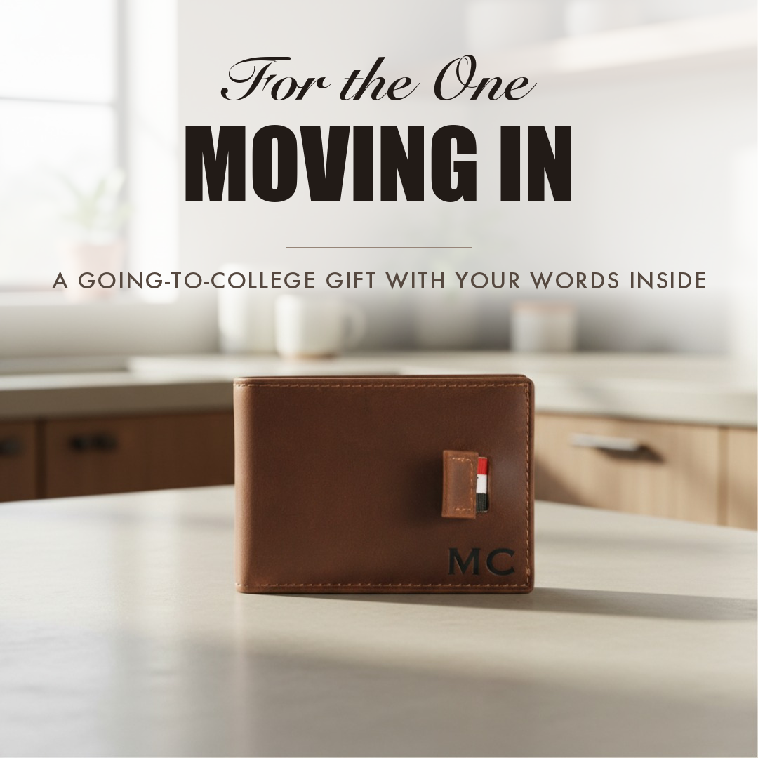 Brown leather bifold wallet engraved with initials, captioned For the One Moving In, shown as a personalized college gift for him.