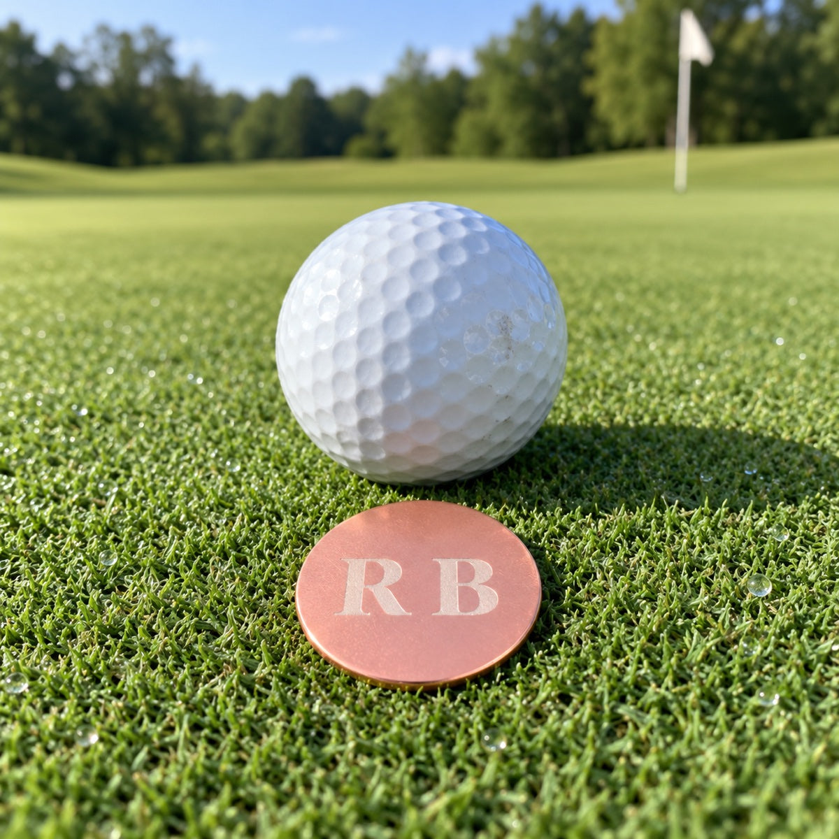Copper golf ball marker engraved with the initials R B lying behind a golf ball on a sunny putting green, a personalized gift for golfers