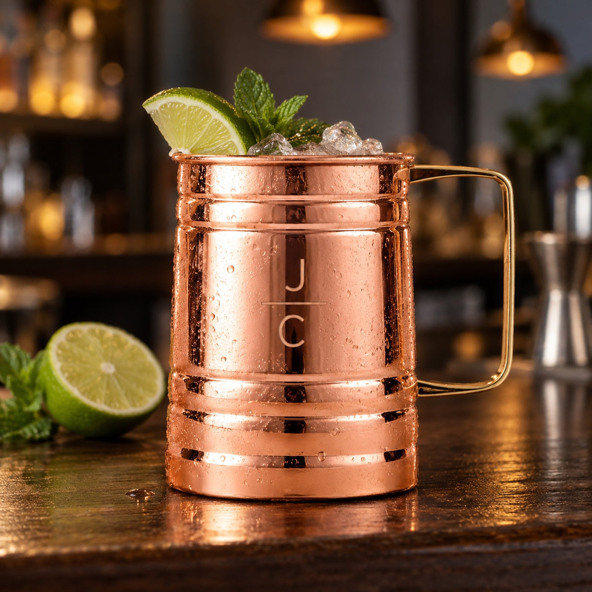 Personalized copper Moscow mule stein engraved with stacked initials J over C, filled with a mule, lime and mint on a walnut home bar beside a halved lime.