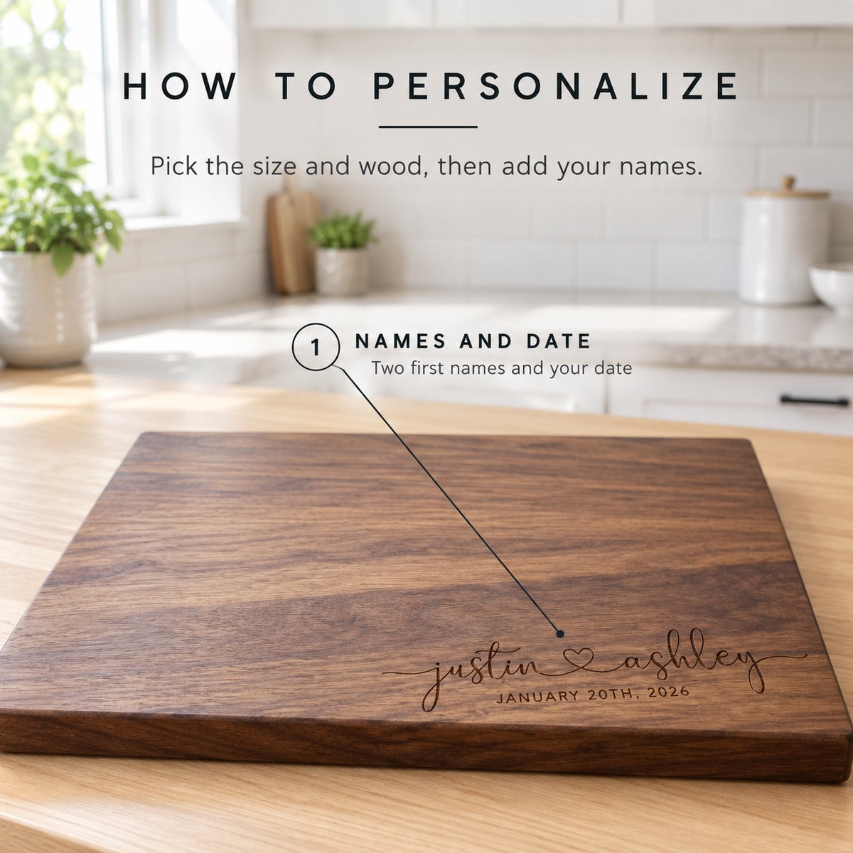 How to personalize the couples cutting board: pick the size and wood, then type two first names and your date, shown engraved justin and ashley