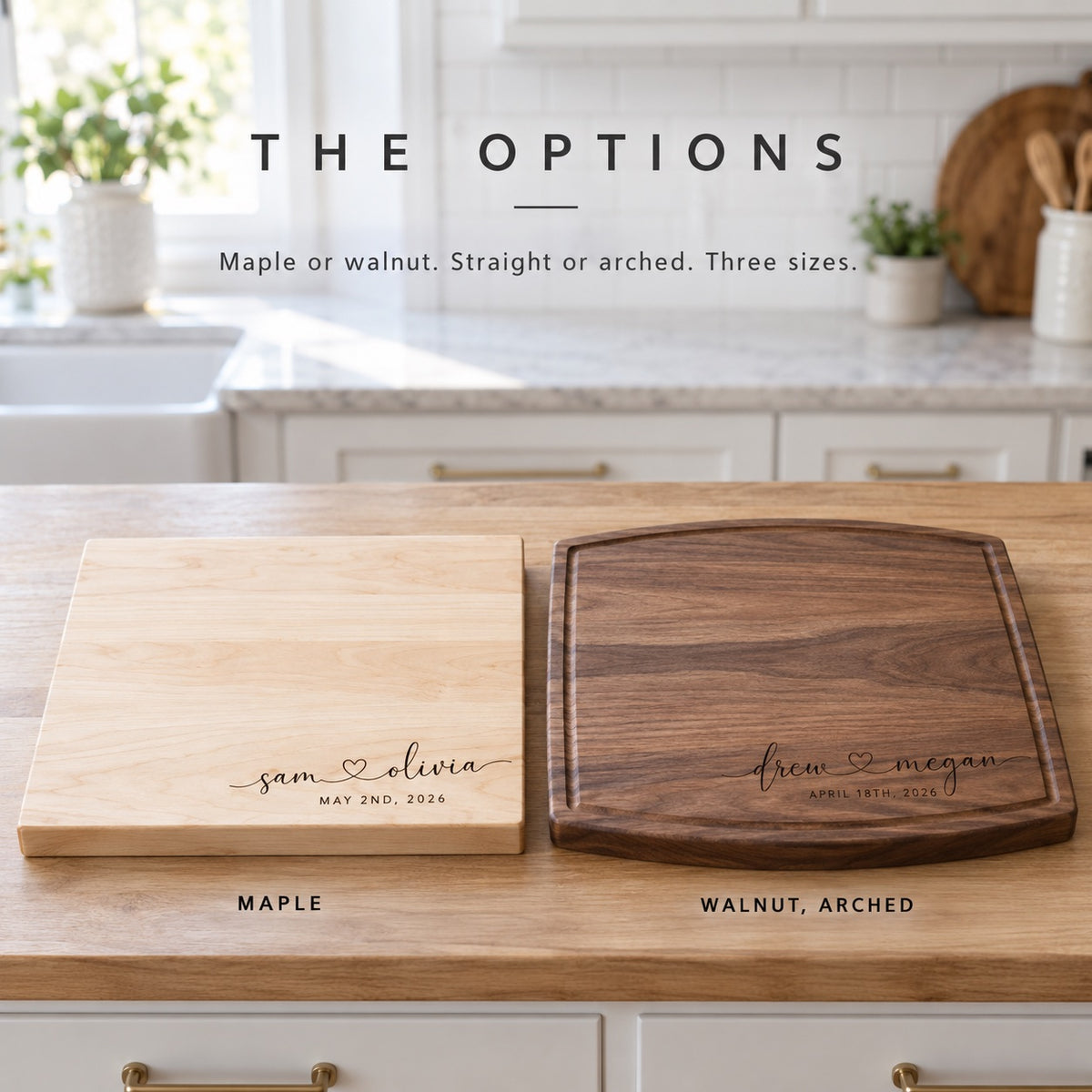 Couples cutting board options: a maple board engraved sam and olivia beside an arched walnut board engraved drew and megan, each with their date