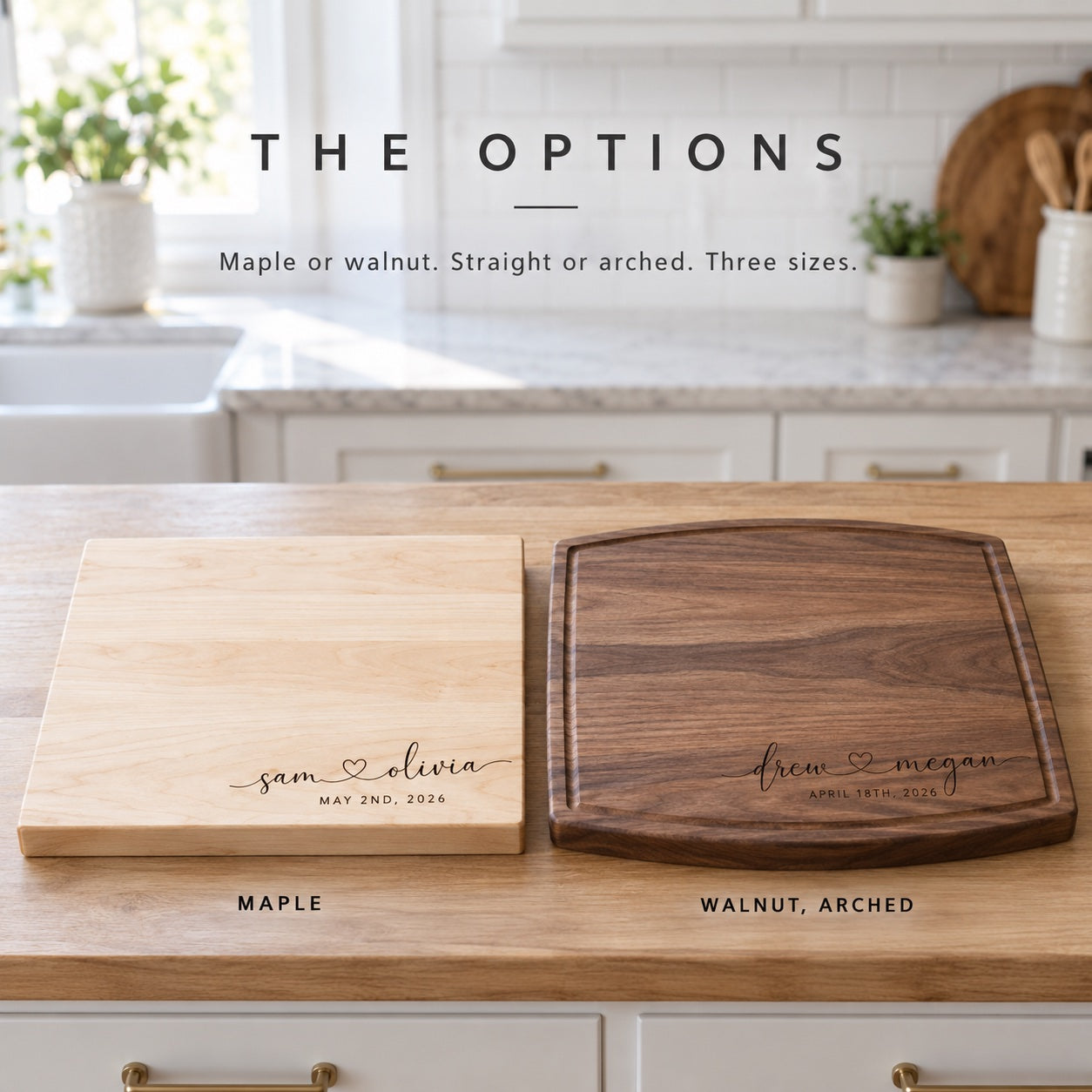Couples cutting board options: a maple board engraved sam and olivia beside an arched walnut board engraved drew and megan, each with their date