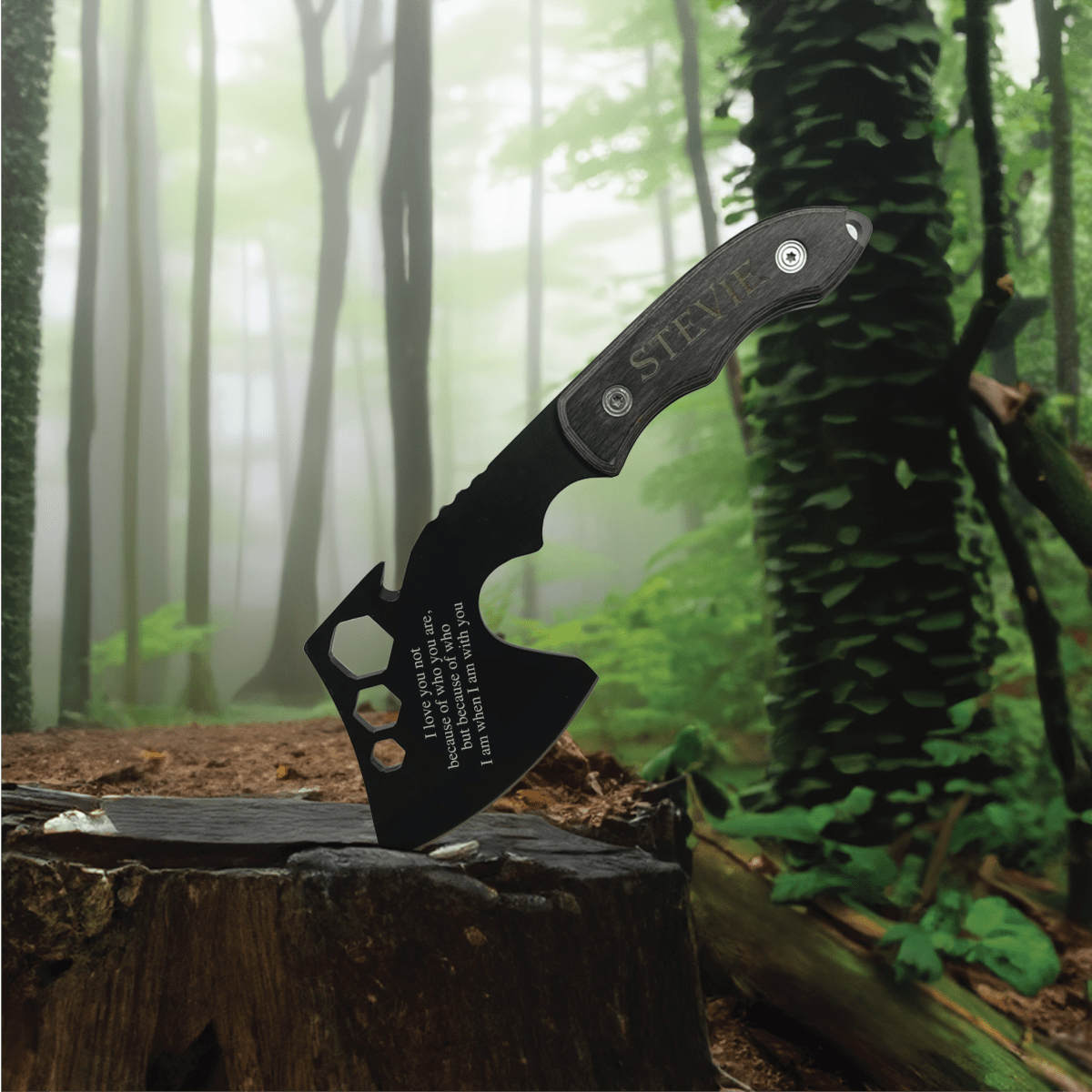 Engraved anniversary axe with high-carbon stainless steel blade, personalized wooden handle, and nylon sheath – perfect for weddings, anniversaries, or thoughtful gifts.
