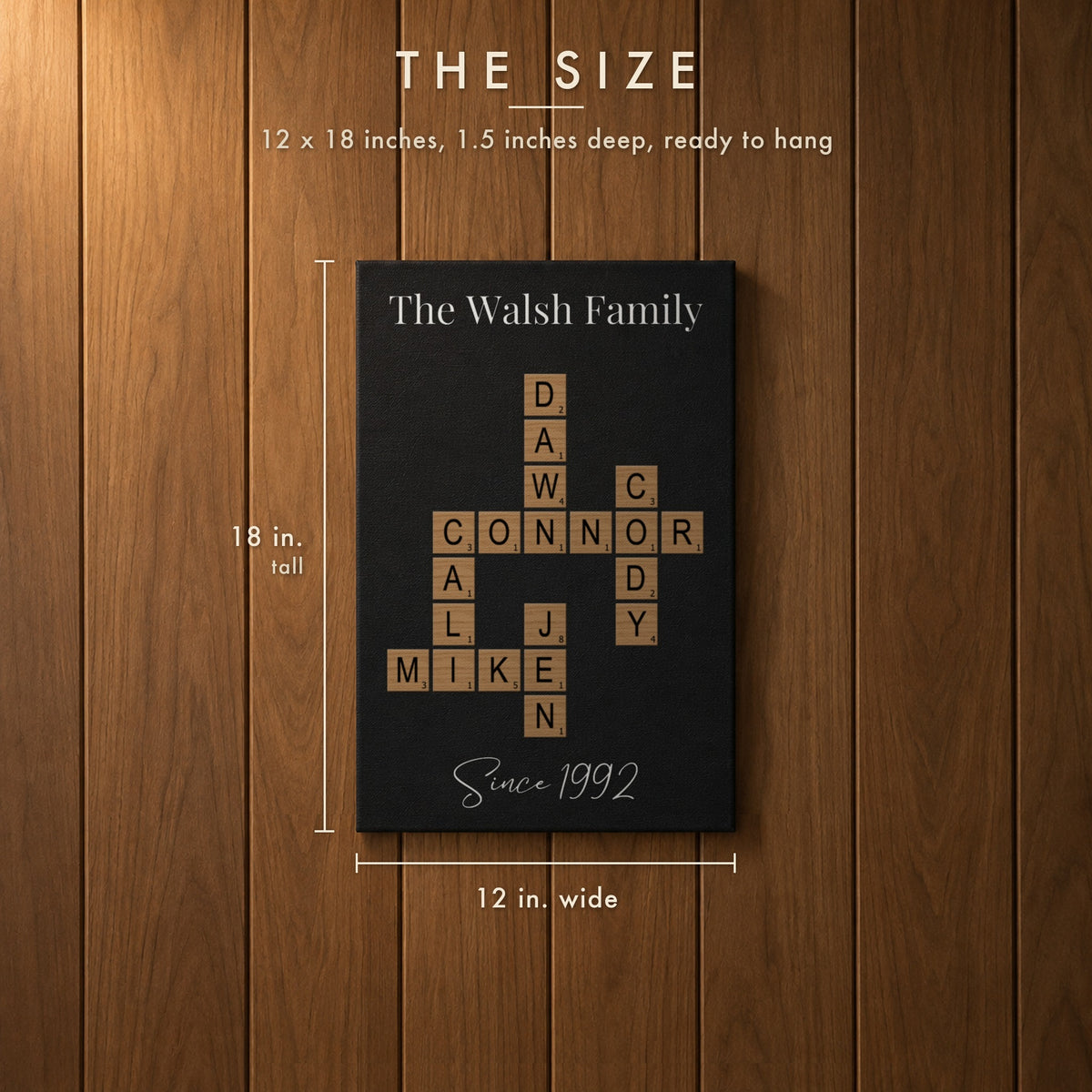 Family crossword name wall art size: 12 inches wide by 18 inches tall and 1.5 inches deep, shown with The Walsh Family crossword puzzle of family names