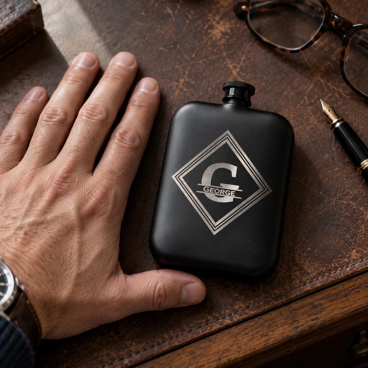 Custom engraved hip flask in matte black with a diamond monogram of a large G and the name George, on a leather desk beside a man's hand