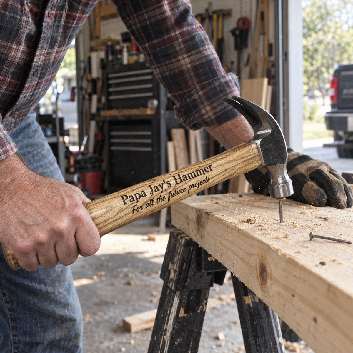 A man drives a nail with his custom engraved hammer reading Papa Jay's Hammer, a personalized gift for dad in the garage workshop