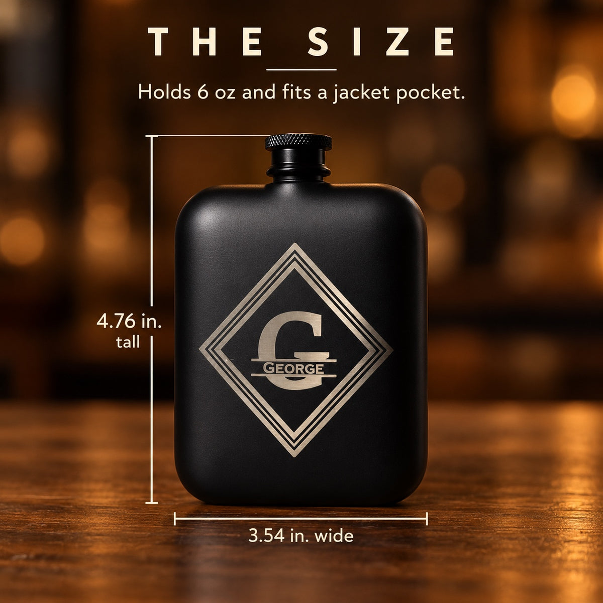 Size of the custom hip flask: 4.76 inches tall and 3.54 inches wide, holds 6 oz and fits a jacket pocket, matte black with a monogram